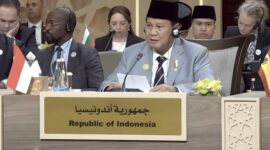 Menteri Pertahanan Prabowo Subianto dalam acara konferensi tingkat tinggi (KTT) “Call for Action: Urgent Humanitarian Response for Gaza” di Yordania. (Dok. Tim Media Prabowo Subianto)
