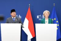 Presiden Komisi Eropa Ursula von der Leyen dan Presiden Prabowo Subianto berjabat tangan di Brussels setelah pengumuman FTA bersejarah.
(Dok. Tim Media Prabowo)